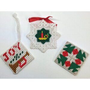 3 Vintage Handmade Yarn Needlepoint Christmas Ornaments Candle Plastic Canvas